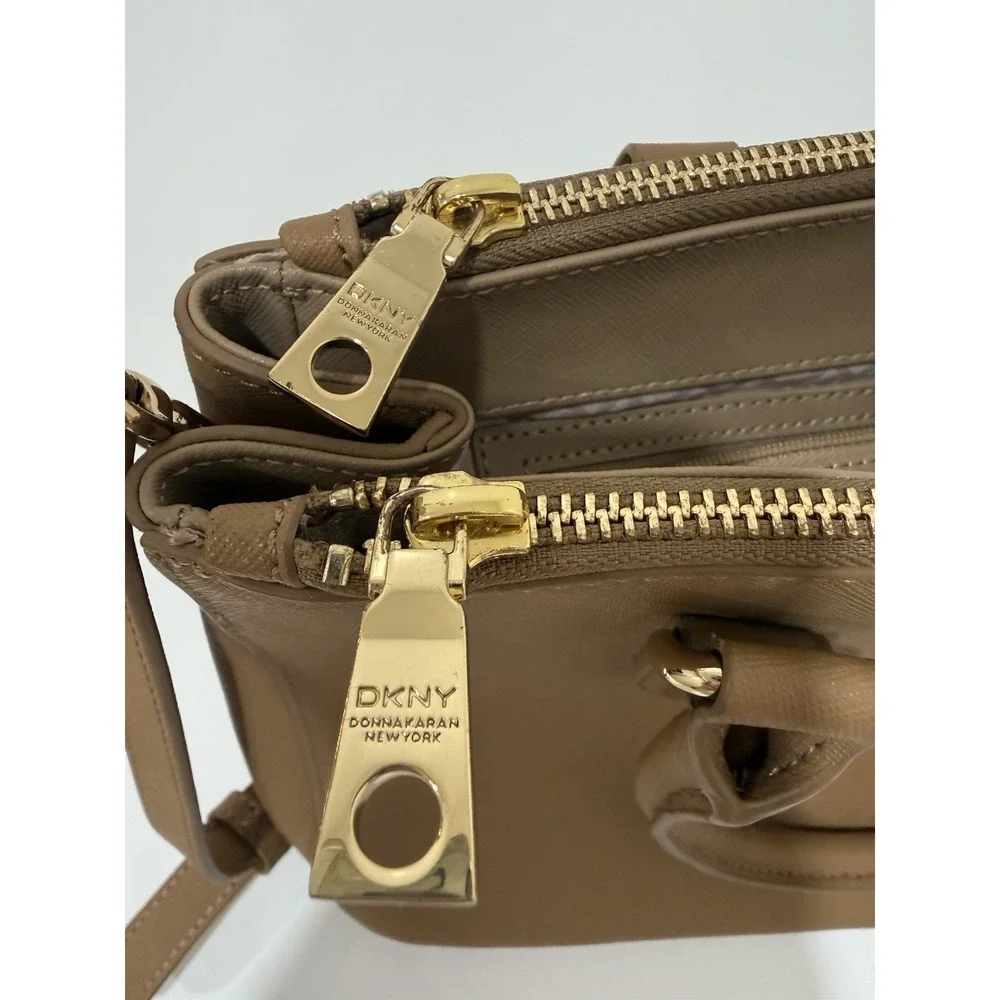 Dkny Robinson Double Zip Beige Saffiano Leather Tote
